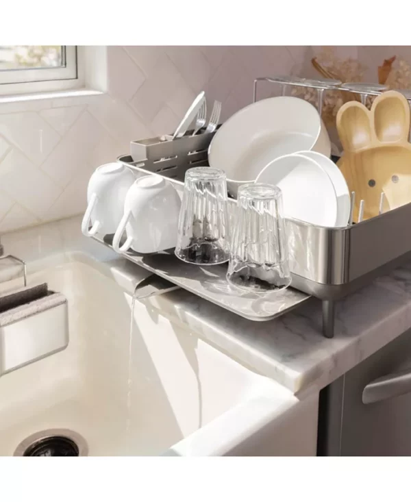 simplehuman Kitchen Dish Drying Rack With Swivel Spout, Fingerprint-Proof Stainless Steel Frame, Grey Plastic - Image 4