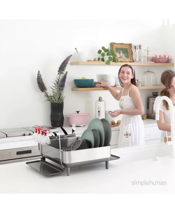 simplehuman Kitchen Dish Drying Rack With Swivel Spout, Fingerprint-Proof Stainless Steel Frame, Grey Plastic - Image 5