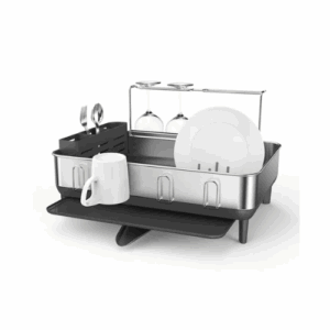 simplehuman Kitchen Dish Drying Rack With Swivel Spout, Fingerprint-Proof Stainless Steel Frame, Grey Plastic