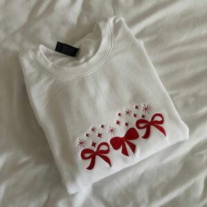 Red Bow Embroidered Sweatshirt, Christmas Holiday Embroidery