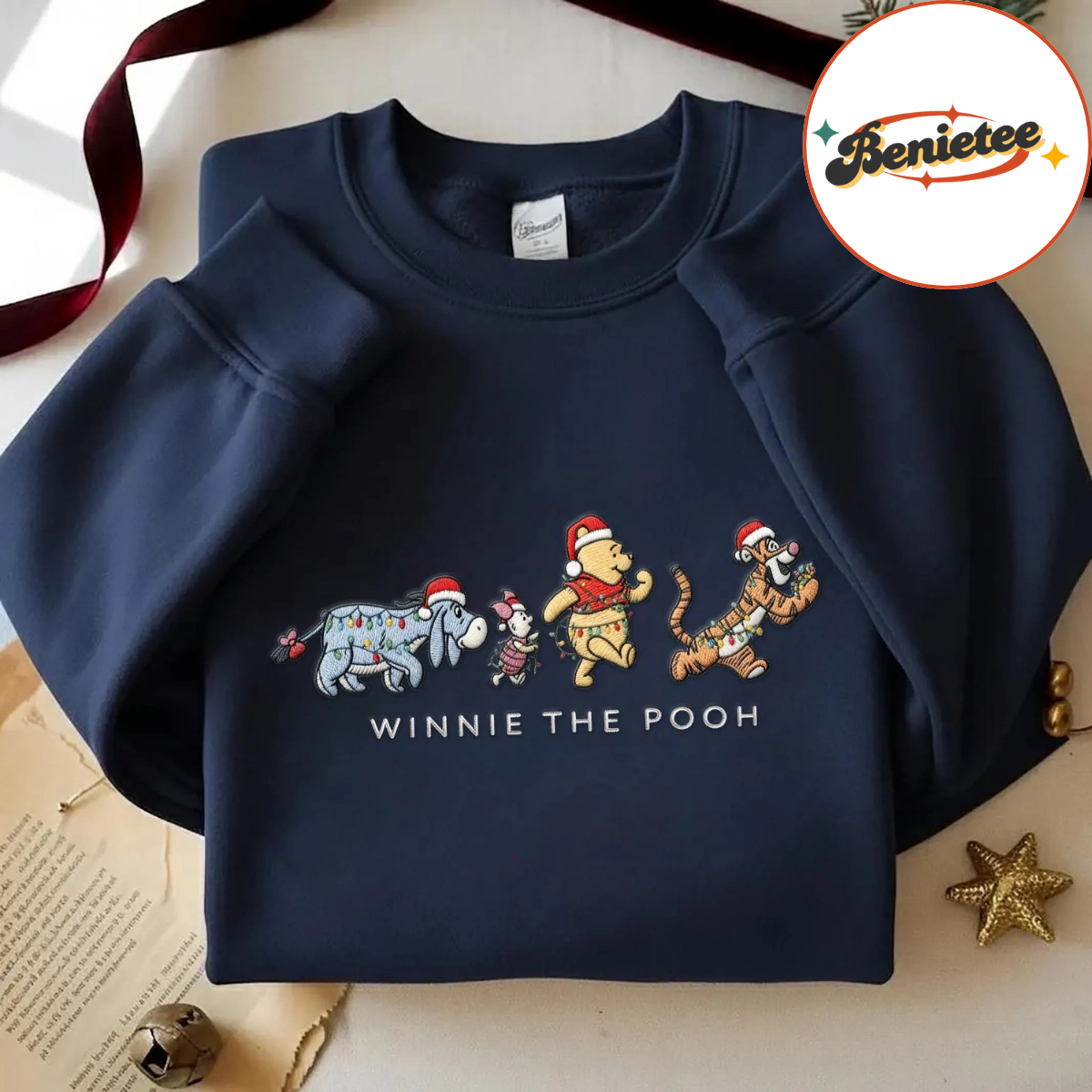 Embroidered Winnie The Pooh And Friends Christmas Sweatshirt, Pooh Bear Christmas Shirt, Embroidered Disney Sweatshirt, Disney Xmas Gifts - Image 3