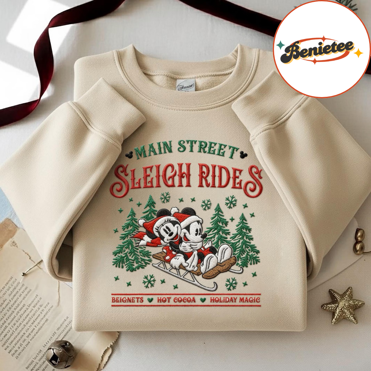 Embroidered Mickey Minnie Main Street Sleigh Rides Sweatshirt, Disney Christmas Sweatshirt, Mickey Minnie Christmas Sweatshirt