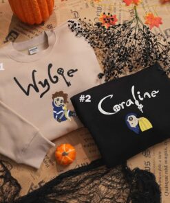 Alternative view of Couple Coraline and Wybie Halloween Movie Embroidered Shirt, Scary Doll Halloween Embroidered