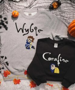 Couple Coraline and Wybie Halloween Movie Embroidered Shirt, Scary Doll Halloween Embroidered