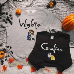 Couple Coraline and Wybie Halloween Movie Embroidered Shirt, Scary Doll Halloween Embroidered