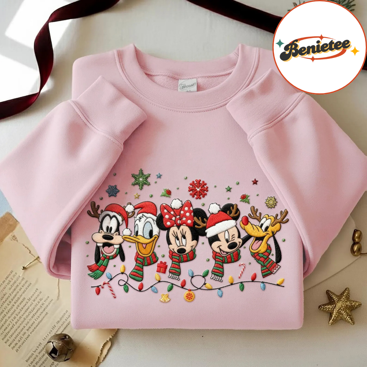 Embroidered Disney Christmas Lights Mickey And Friends Sweatshirt, Disney Christmas Embroidered Sweatshirt, Disney Christmas Matching Shirt - Image 2