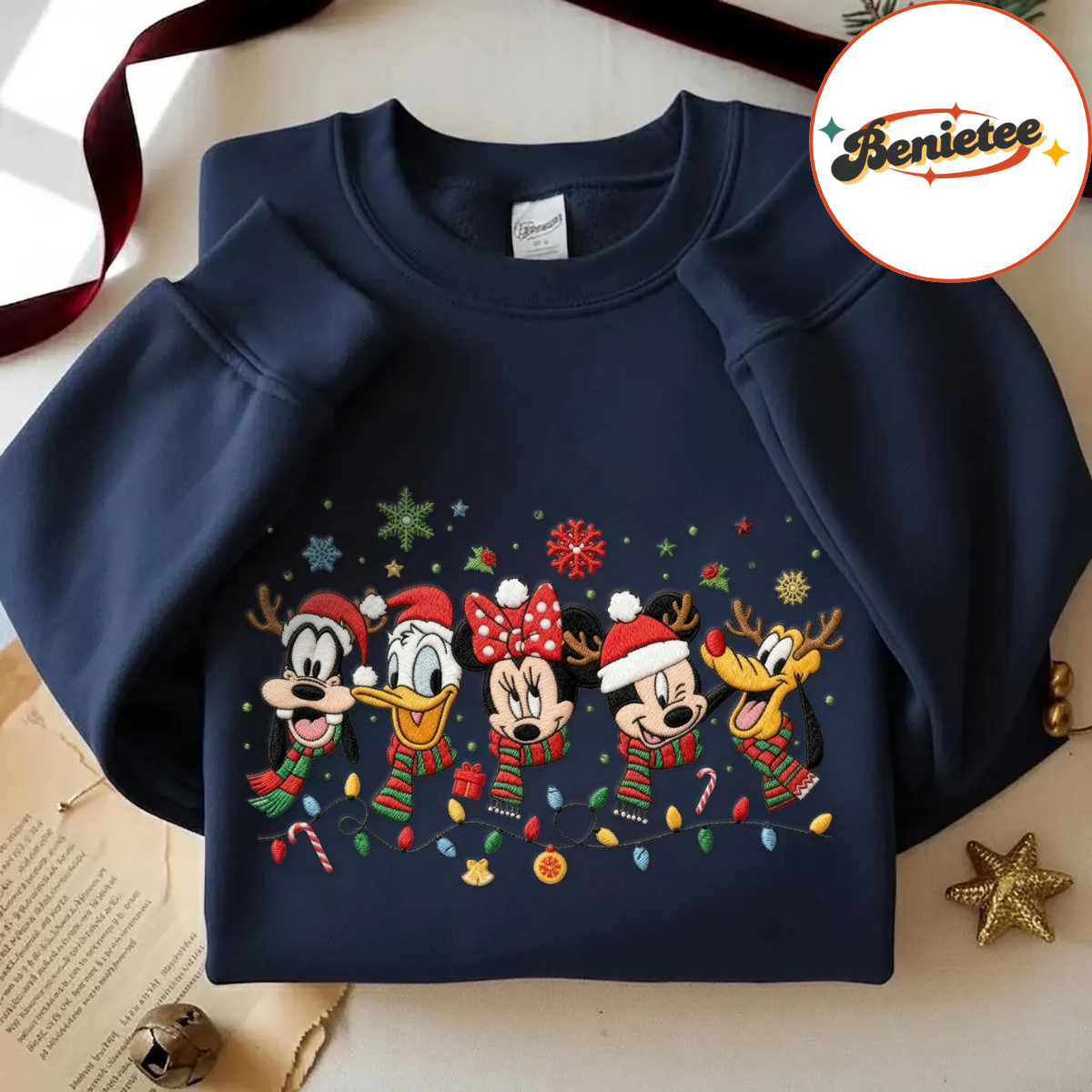 Embroidered Disney Christmas Lights Mickey And Friends Sweatshirt, Disney Christmas Embroidered Sweatshirt, Disney Christmas Matching Shirt - Image 3