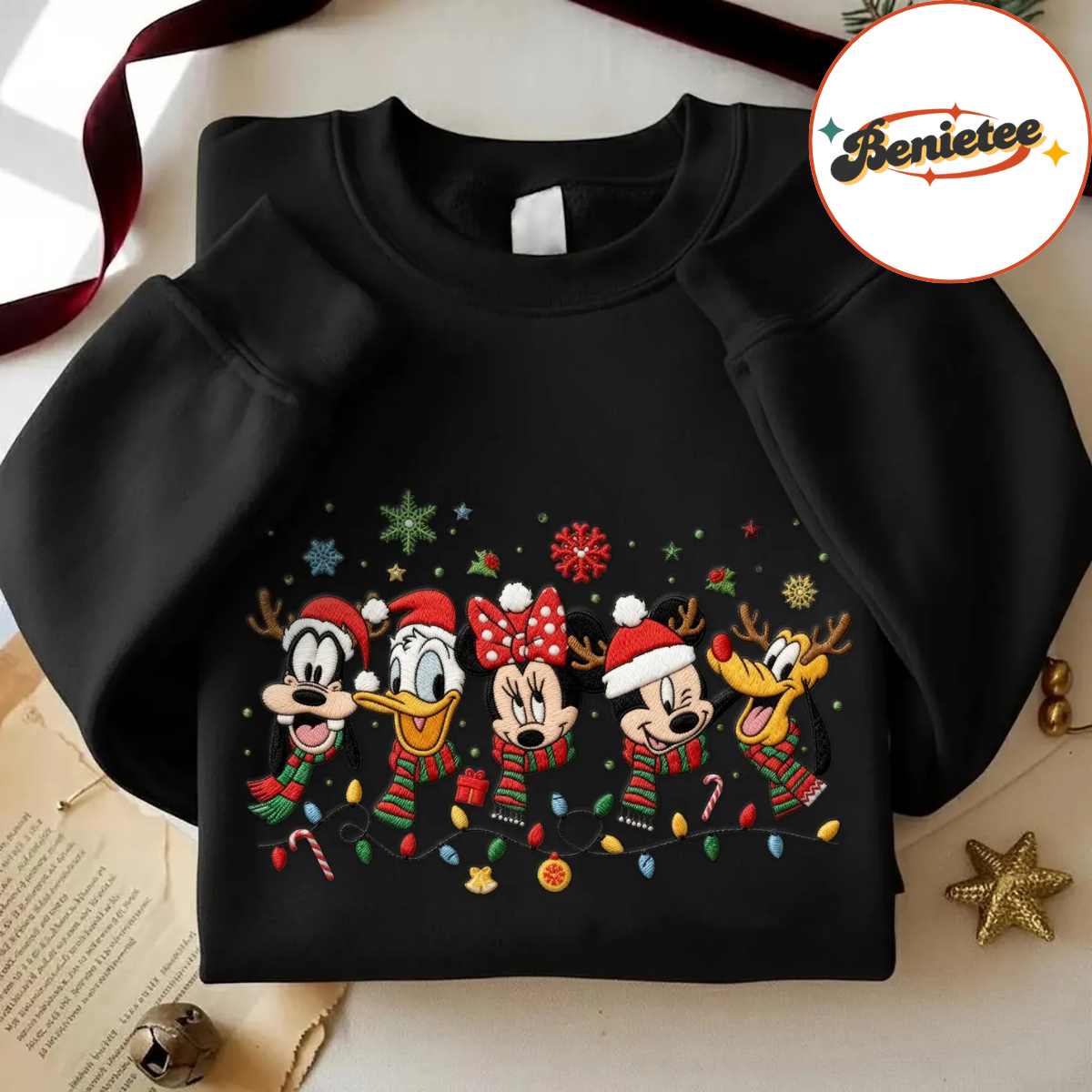 Embroidered Disney Christmas Lights Mickey And Friends Sweatshirt, Disney Christmas Embroidered Sweatshirt, Disney Christmas Matching Shirt - Image 4