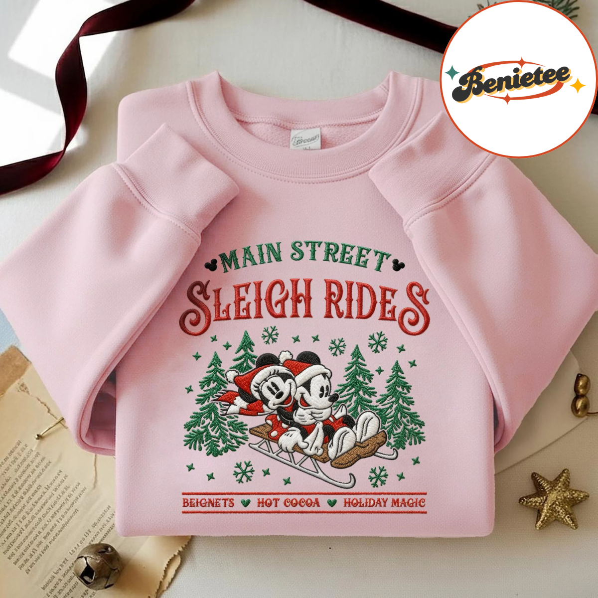 Embroidered Mickey Minnie Main Street Sleigh Rides Sweatshirt, Disney Christmas Sweatshirt, Mickey Minnie Christmas Sweatshirt - Image 2