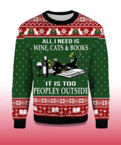 Alternative view of 2025 All I Need Is Wine Cats And Books Black Cat Ugly Christmas Sweater