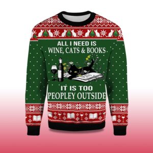 Alternative view of 2025 All I Need Is Wine Cats And Books Black Cat Ugly Christmas Sweater