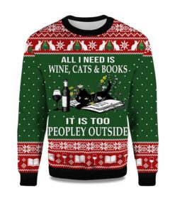 2025 All I Need Is Wine Cats And Books Black Cat Ugly Christmas Sweater