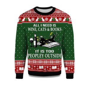 2025 All I Need Is Wine Cats And Books Black Cat Ugly Christmas Sweater