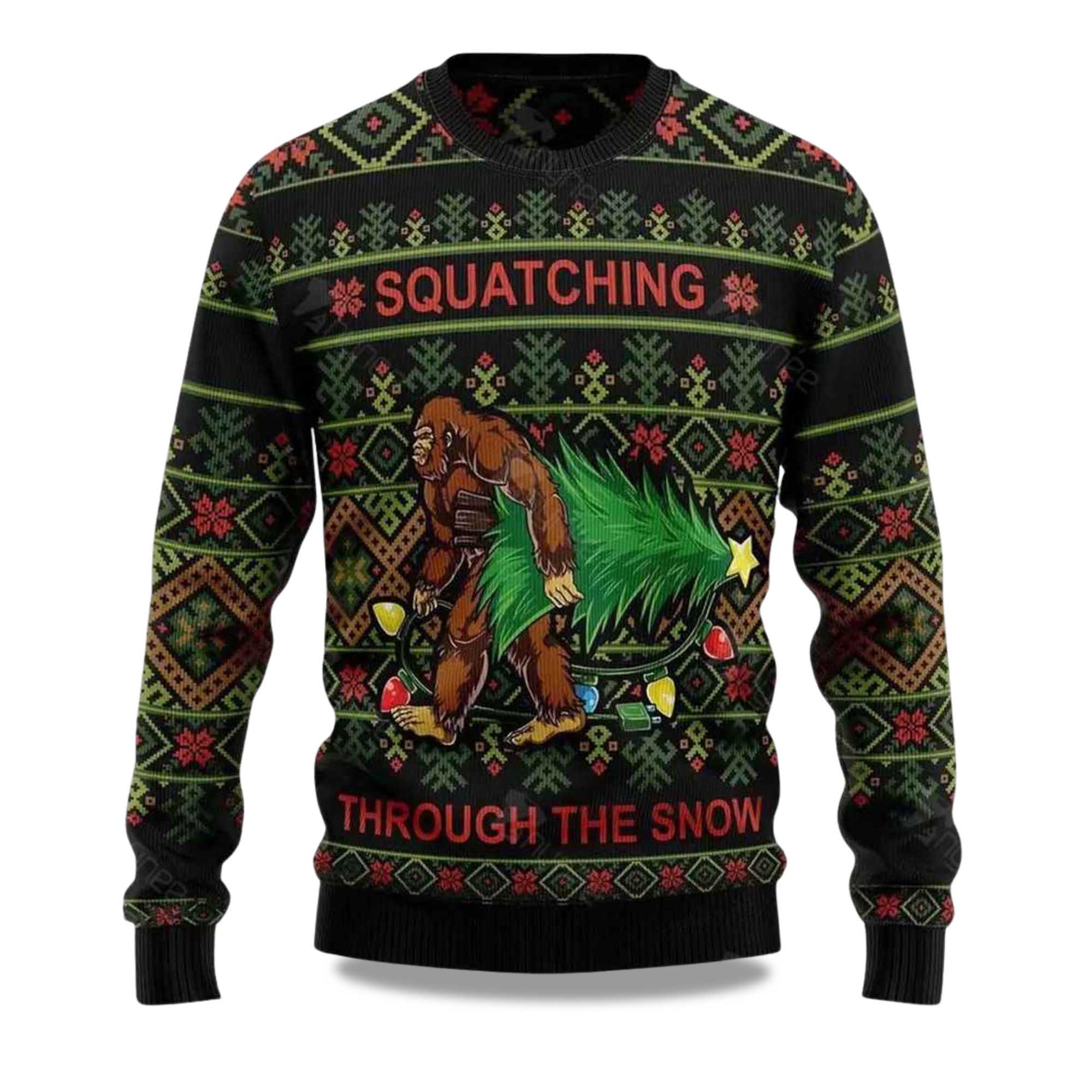 2025 Bigfoot Squatching Through The Snow Ugly Christmas Sweater