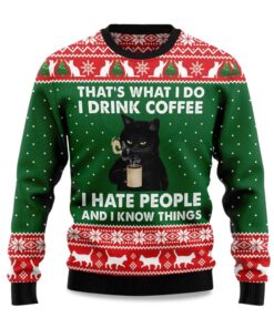 2025 Black Cat Drink Coffee Christmas Ugly Sweater