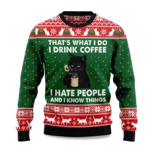 2025 Black Cat Drink Coffee Christmas Ugly Sweater