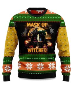 2025 Black Cat Mask up Witches Ugly Christmas Sweater