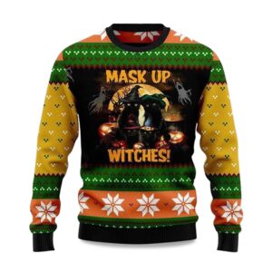 2025 Black Cat Mask up Witches Ugly Christmas Sweater