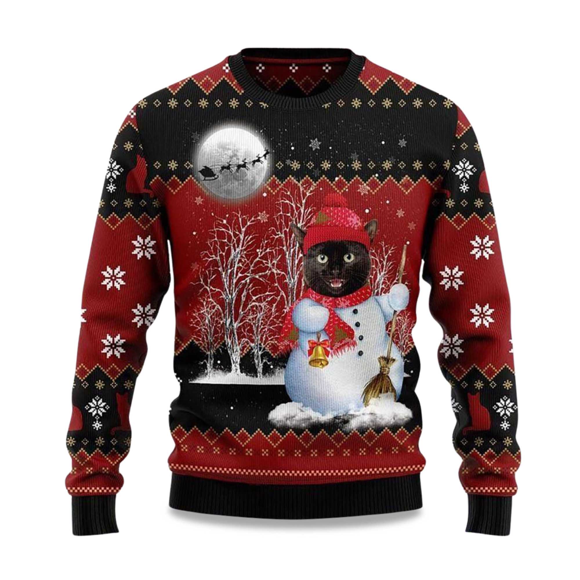 2025 Black Cat Santa Snowman Ugly Christmas Sweater