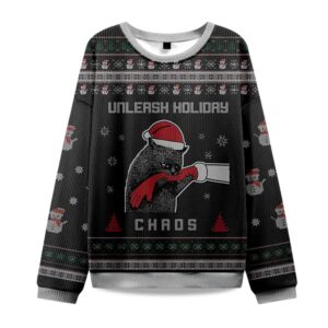 2025 Black Cat Unleash Holiday Chaos Christmas Ugly Sweater