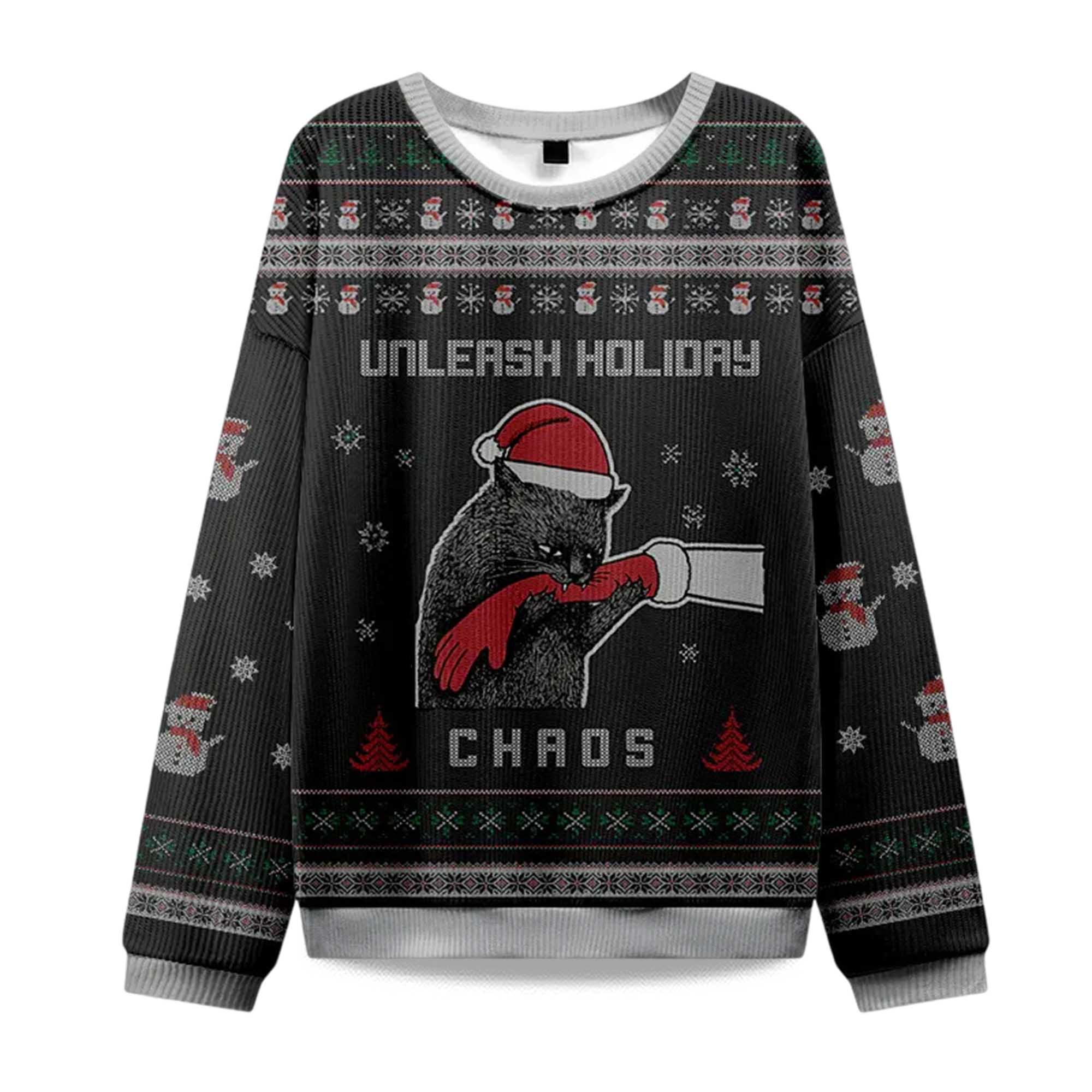 2025 Black Cat Unleash Holiday Chaos Christmas Ugly Sweater