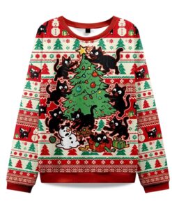 2025 Black Cats Destroying Christmas Tree Christmas Ugly Sweater