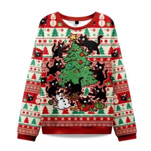2025 Black Cats Destroying Christmas Tree Christmas Ugly Sweater