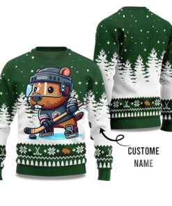 2025 Capybara Playing Hockey Ugly Christmas Sweater