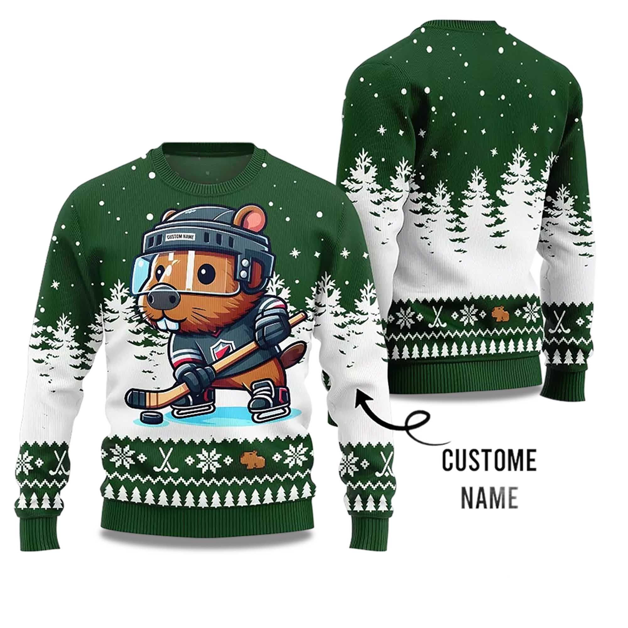 2025 Capybara Playing Hockey Ugly Christmas Sweater