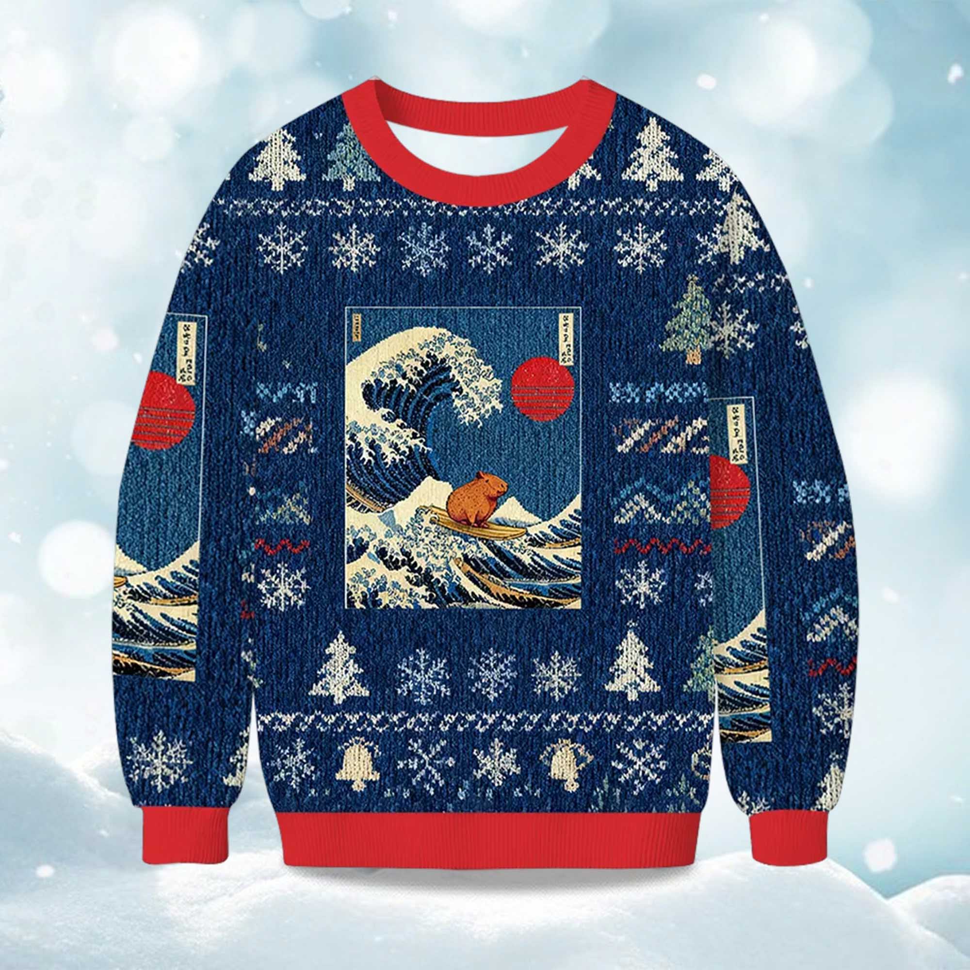 2025 Capybara Surfing Christmas Ugly Sweater
