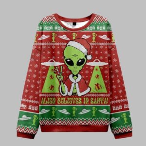 Alternative view of 2025 Christmas Alien Believes in Santa Ugly Christmas Sweater - Grishko.com