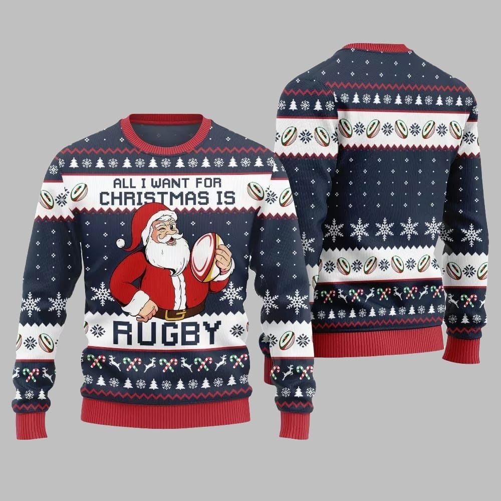 2025 Christmas All I Want For Christmas Is Rugby Ugly Christmas Sweater - Image 4