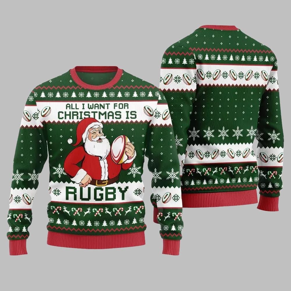 2025 Christmas All I Want For Christmas Is Rugby Ugly Christmas Sweater - Image 3
