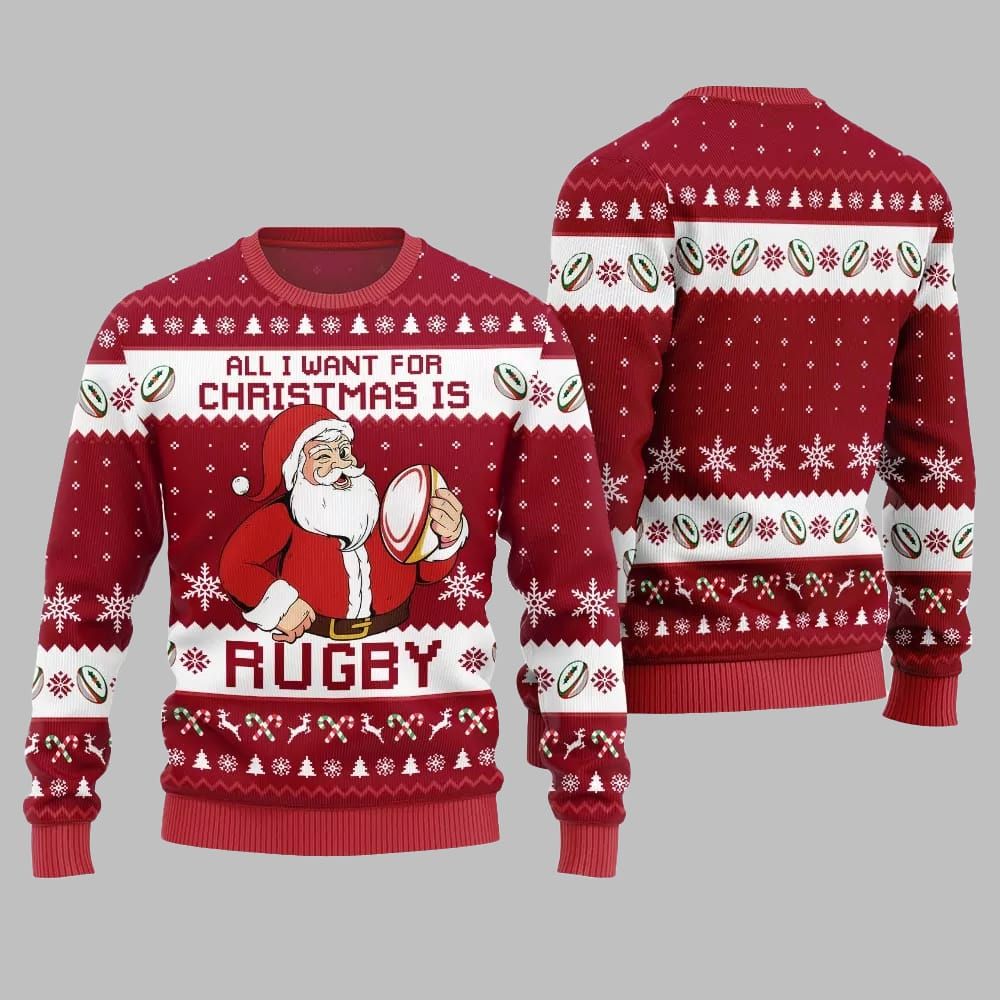 2025 Christmas All I Want For Christmas Is Rugby Ugly Christmas Sweater - Image 5