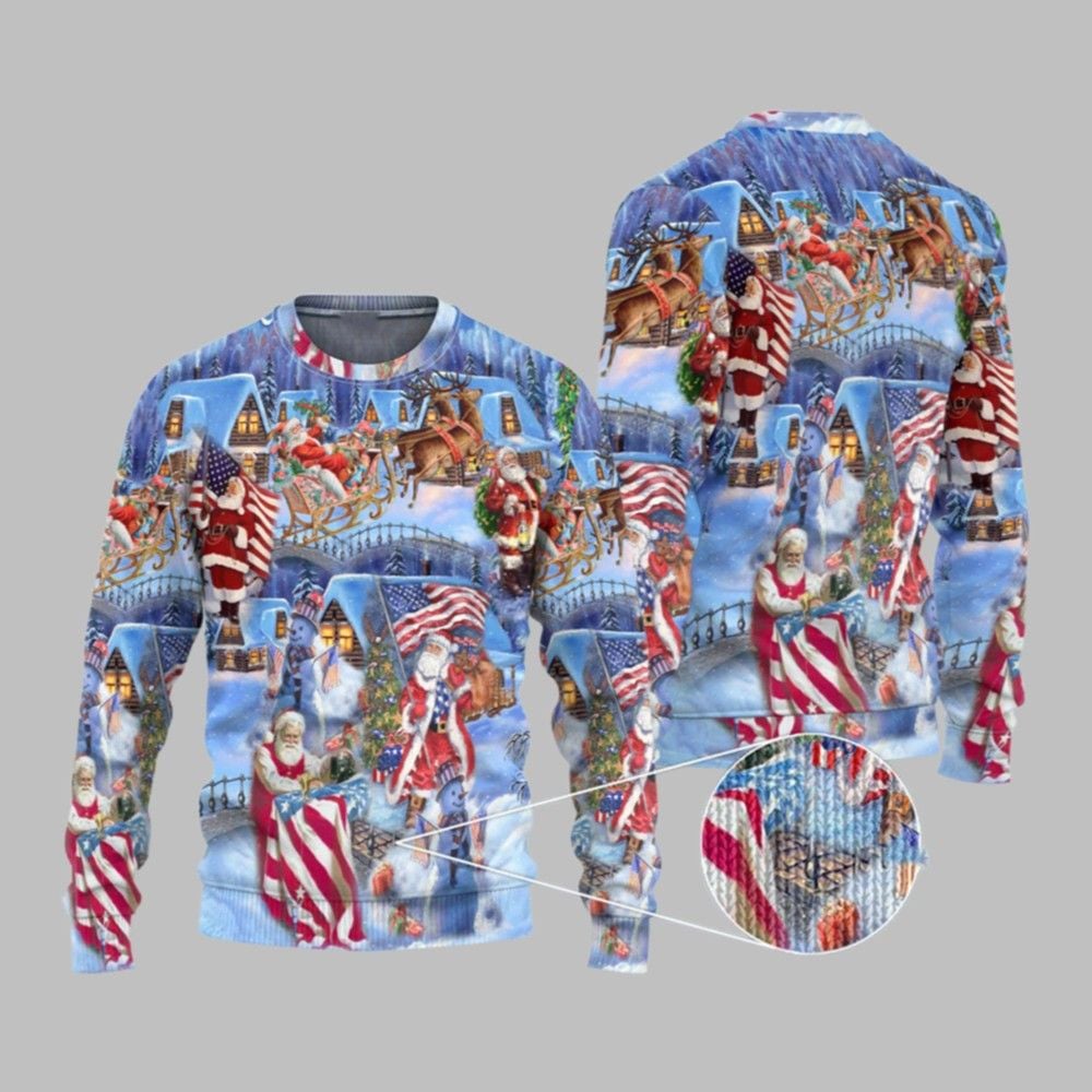 2025 Christmas America Christmas Patriotic Santa Claus Ugly Christmas Sweater - Grishko.com
