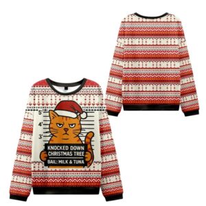 Alternative view of 2025 Christmas Arrested Cat Christmas Tree Ugly Sweater - Grishko.com