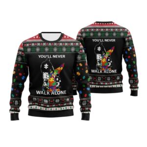 Alternative view of 2025 Christmas Autism You'll Never Walk Alone Ugly Sweater - Grishko.com