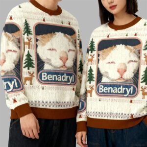 Alternative view of 2025 Christmas Benadryl Cat Meme Ugly Sweater - Grishko.com