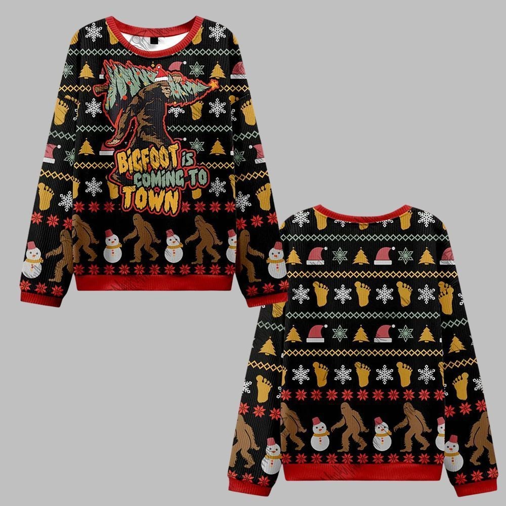 2025 Christmas Bigfoot is Coming to Town Ugly Christmas Sweater - Grishko.com