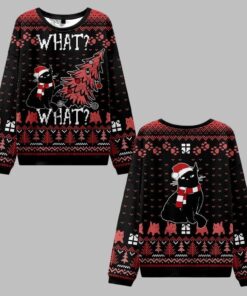 2025 Christmas Black Cat What What Ugly Christmas Sweater  