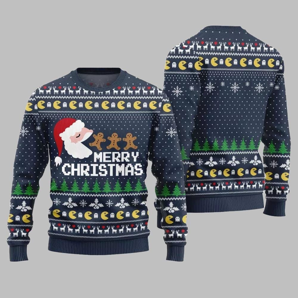 2025 Christmas Bold Pacman Santa Ghost Hunt Ugly Christmas Sweater - Grishko.com