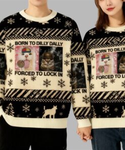 Alternative view of 2025 Christmas Born to Dilly Dally Funny Cat Meme Ugly Sweater  