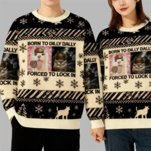 Alternative view of 2025 Christmas Born to Dilly Dally Funny Cat Meme Ugly Sweater - Grishko.com
