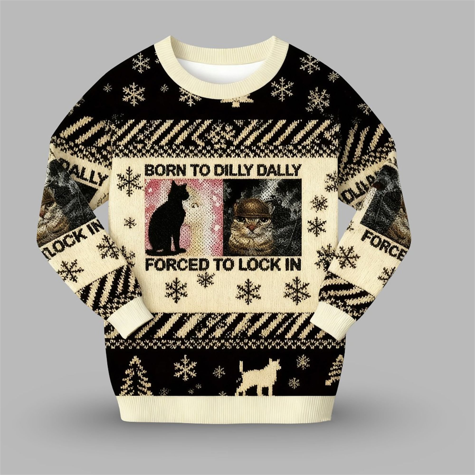 2025 Christmas Born to Dilly Dally Funny Cat Meme Ugly Sweater - Grishko.com