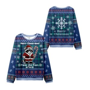 Alternative view of 2025 Christmas Candy Raccoon Samurai Ugly Sweater - Grishko.com