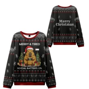 Alternative view of 2025 Christmas Capybara Social Battery Ugly Sweater - Grishko.com