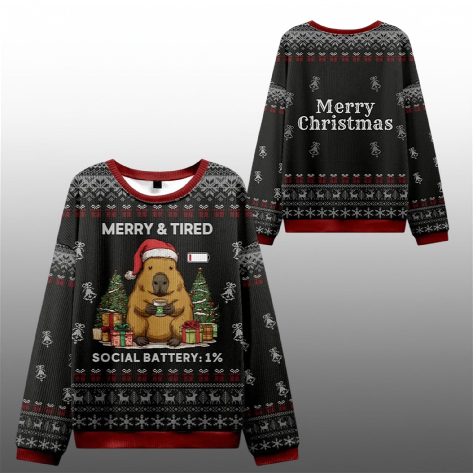 2025 Christmas Capybara Social Battery Ugly Sweater - Grishko.com