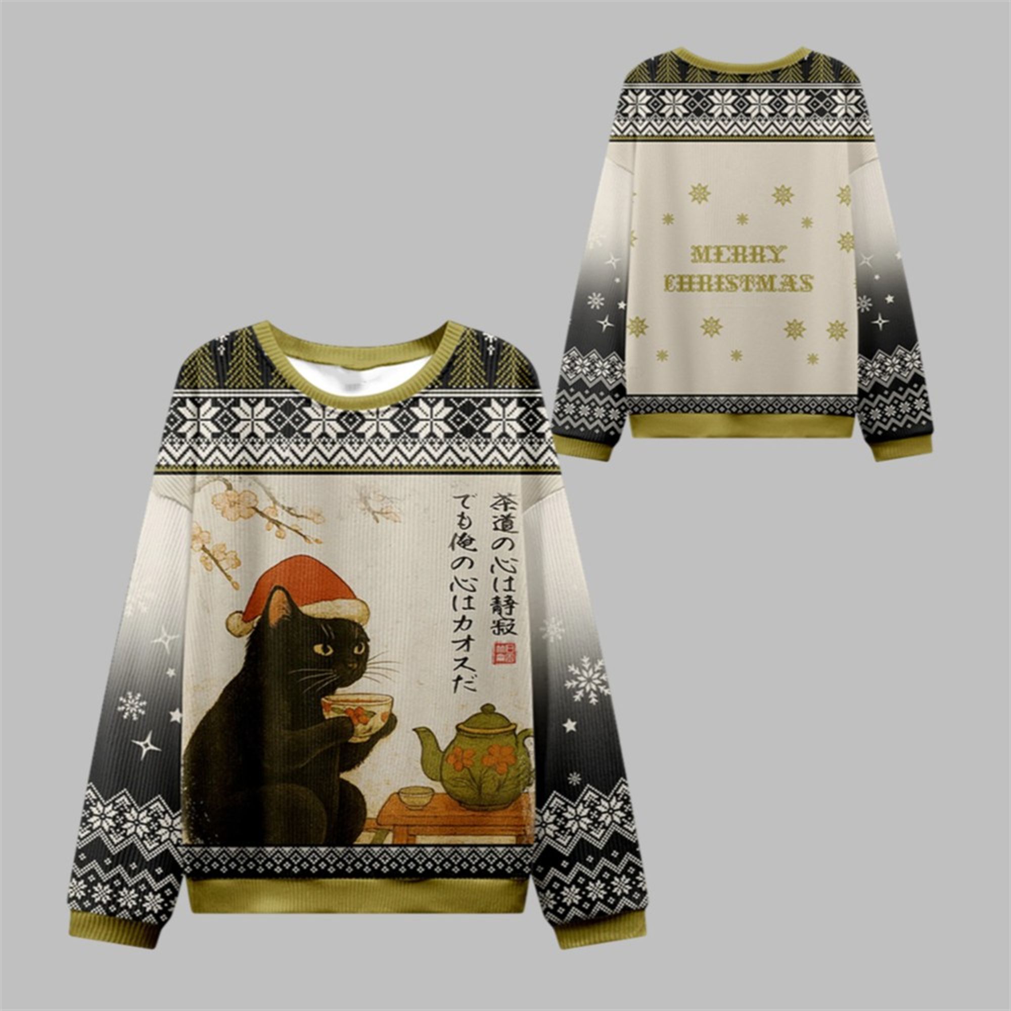 2025 Christmas Cat Drinking Tea Ugly Christmas Sweater - Grishko.com