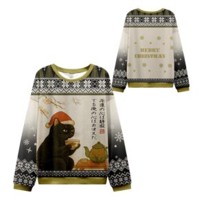 Alternative view of 2025 Christmas Cat Drinking Tea Ugly Christmas Sweater - Grishko.com