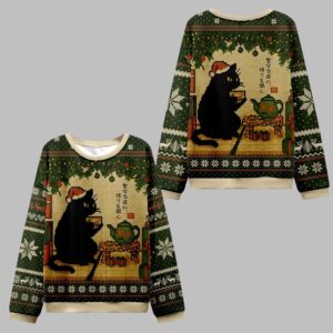 2025 Christmas Cat Drinking Tea Ugly Sweater - Grishko.com